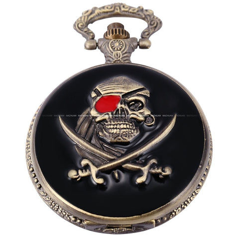 Vintage Classic Retro Antique One-eyed Skull Pirate Hunter Copper Bronze Quartz Men's Gift Pocket Watch Jewelry Chain / WPK109