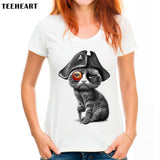 TEEHEART  Women Summer Novelty PIRATE OF THE CATTIBEAN Design T shirt  Retro CAT Print Tops Hot Sales Tee Shirts PX763