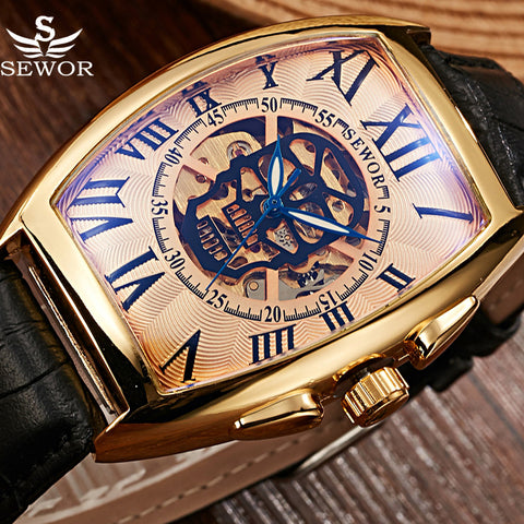 SEWOR Brand Gold Pirate Skull Style Skeleton Automatic Mechanical Watch Men Retro Leather Strap Men Wristwatch Relogio Masculino